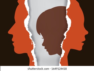 

Divorced Parents And Sad Child.
Torn Paper With Man, Woman And Child Stylized Silhouettes Symbolizing The Effect Of Divorce On The Child.