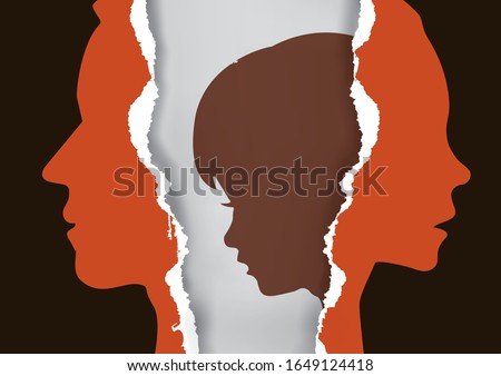 

Divorced parents and sad child.
Torn paper with man, woman and child stylized silhouettes symbolizing the effect of divorce on the child.