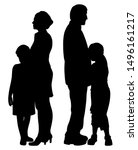 Divorced separated parents with their two sad unhappy separated children. Family split and child custody concept.