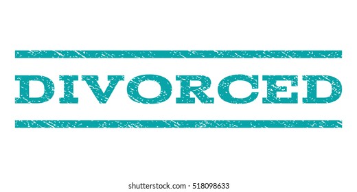 Divorced watermark stamp. Text caption between horizontal parallel lines with grunge design style. Rubber seal stamp with dirty texture. Vector cyan color ink imprint on a white background.