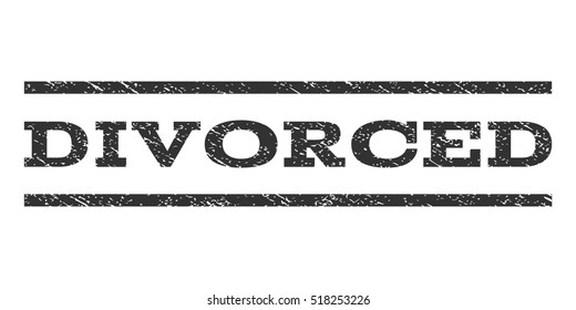 Divorced watermark stamp. Text tag between horizontal parallel lines with grunge design style. Rubber seal stamp with scratched texture. Vector gray color ink imprint on a white background.