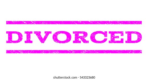 Divorced watermark stamp. Text tag between horizontal parallel lines with grunge design style. Rubber seal stamp with dust texture. Vector magenta color ink imprint on a white background.