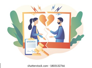 Divorcement. Husband And Wife At Torn Apart Wedding Photo. Tiny People Relationship Breakup. Broken Heart. End Of Family Life. Sign Agreement Divorce Document. Modern Flat Cartoon Style. Vector