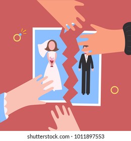 Divorcement. Man and woman hands tear apart wedding photo. Break up of relationship. End of family life. Diamond rings. Disengagement of young former wife and husband. Divorce concept