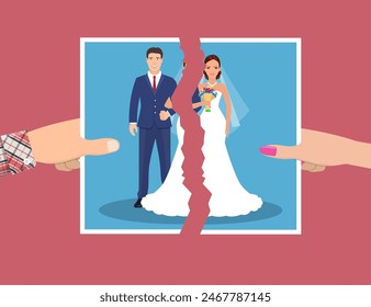 Divorcement. Man and woman hands tear apart wedding photo. Break up of relationship. End of family life. Disengagement of young former wife and husband. Divorce concept.