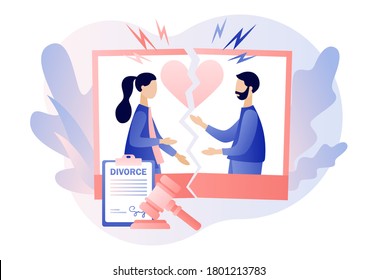 Divorcement. Tiny People Relationship Breakup. Husband And Wife At Torn Apart Wedding Photo. Broken Heart. End Of Family Life. Sign Agreement Divorce Document. Modern Flat Cartoon Style. Vector