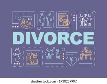 Divorcement word concepts banner. Family destruction, relationship termination. Infographics with linear icons on purple background. Isolated typography. Vector outline RGB color illustration