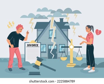 Divorcing couple. Family separation, husband and wife in divorce process and property division, break up relationships, man and woman quarreling and arguing tidy vector cartoon flat concept