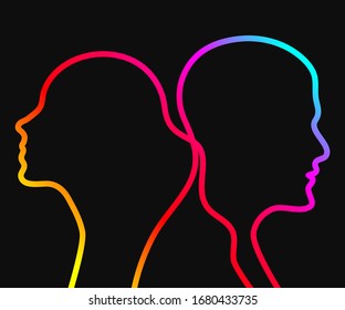 La pareja que se divorcia, la pelea entre hombres y mujeres, niños y niñas van en diferentes direcciones. Ilustración conceptual abstracta plana