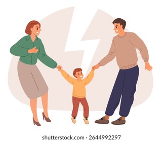 Divorciando homem e mulher lutando por criança. Trovão entre mãe e pai. Casais brigam. Os pais compartilham o filho. Conflito familiar. Separação de mãe e pai. Menino preso