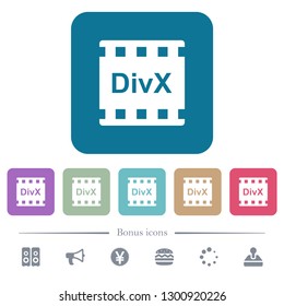 DivX movie format white flat icons on color rounded square backgrounds. 6 bonus icons included
