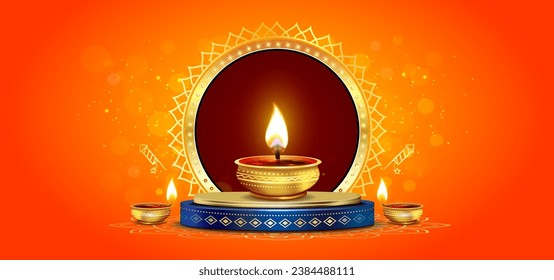 Diwali advertising website, poster banner background. Podium, stage with Diwali  festival candle light and vector lamp design.