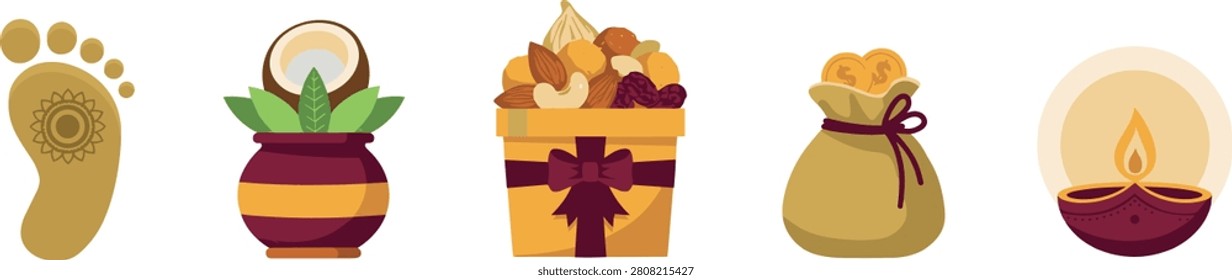 Diwali Auspicious Ritual Element Set with Goddess Lakshmi Footprint, Kalash Pot, Dry Fruits Gift Box, Money Bag, and Glowing Diya Lamp Vector Illustration.eps
