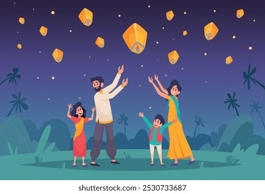 Diwali background. Authentic illustration people in concept scenes celebration of diwali festival lights exact vector template