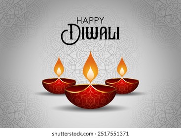 Diwali background with decorative lamps and mandala design 