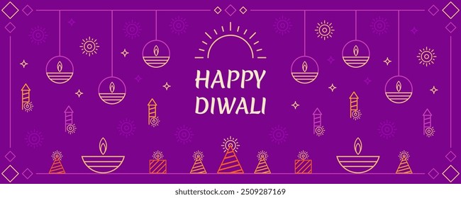 Diwali background with light, fireworks, stars, etc. Line-style vector illustration.