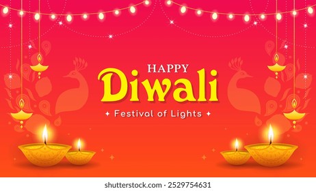 Ilustración vectorial de fondo de Diwali. Hermosa lámpara de aceite Diya con pavo real sobre fondo degradado