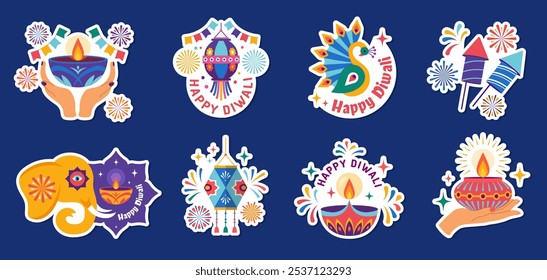 Diwali badges. Traditional festival of lights conceptual stickers or badges recent vector fireworks lamps or candles for celebration diwali