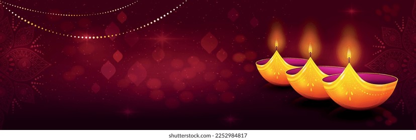 Diwali banner concept. Place for text and presentations, candles on background of traditional patterns. Invitation or greeting card design. Holiday and festival. Cartoon flat vector illustration