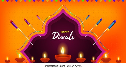 Diwali banner with illuminating diya lamps and crackers.