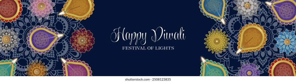 diwali banner with oil lamps and flowers. diwali background with diwali diya and mandala