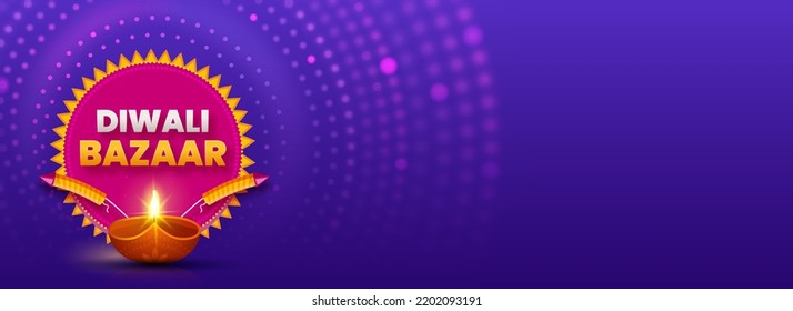 Diwali Bazaar Banner or Header with Realistic Lit Oil Lamp (Diya), Fireworks Rocket Against Purple Circular Dotted Background. Indian Light Festival Sale Concept.