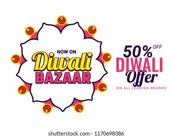 Diwali bazaar poster or banner design with flat 50% offer for Indian Festival celebration concept.