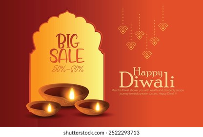 Diwali grande venda com comemorar Diwali com este cartaz de venda vibrante com Diyas iluminado e desenhos tradicionais. Perfeito para promoções sazonais e festival