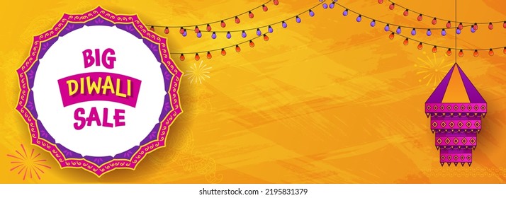 Diwali Big Sale Banner Or Header Design With Traditional Lantern (Kandeel) And Lighting Garland On Chrome Yellow Background.