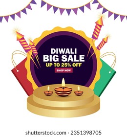 Diwali Big Sale discount concept with shopping bags on product podium with Diwali elements