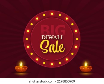 Diwali Big Sale Poster Design With Marquee Round Frame And Illuminated Oil Lamps (Diya) On Red Rays Background.