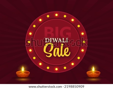 Diwali Big Sale Poster Design With Marquee Round Frame And Illuminated Oil Lamps (Diya) On Red Rays Background.