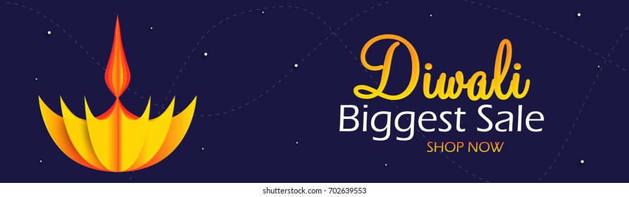 Diwali biggest sale web banner with paper oil lit lamp on purple background.