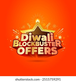 Diwali Blockbuster oferece, venda, compras com fundo festivo. luzes decoração, lanterna, lâmpada, brilho, foguetes crackers e fogos de artifício na ilustração Vetor vermelho brilhante.