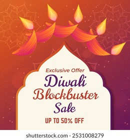Diwali Blockbuster Sale. Exclusive offer. Illustration. Up to 50% off. Vector. Festival of Lights. Beautiful Diya Design. 50% discount.