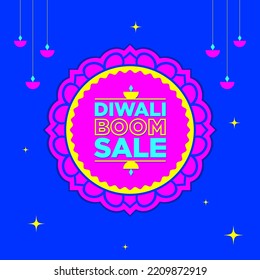 Diwali Boom Sale Offer Logo Unit With Traditional Rangoli Graphics And Hanging Lamp