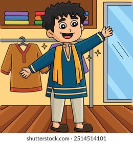 Diwali Boy Buying Clothes Colored Cartoon