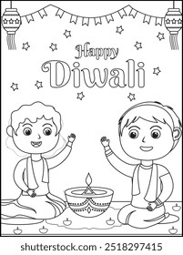 Diwali boy and girl Coloring Illustration coloring page