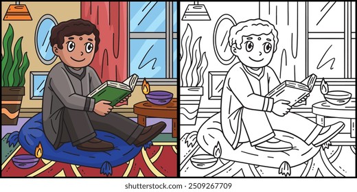 Diwali Boy Reading a Story Coloring Illustration