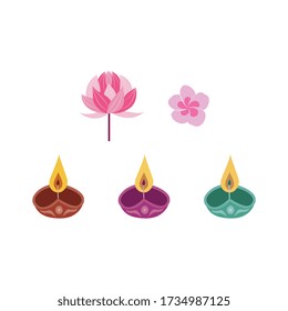 Diwali candle and flowers set - traditional Indian festival symbols isolated on white background. Lit clay diya candles, pink lotus and plumeria, cartoon vector illustration.