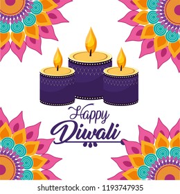 diwali candles lits with mandalas flowers