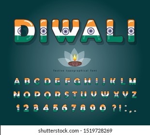 Diwali cartoon font. Indian national flag colors. Traditional light festival of India. Bright creative alphabet. Vector illustration