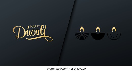 Diwali celebrate banner with golden handwritten inscription Happy Diwali. India festival of lights holiday invitation with hand drawn lettering and diya lamps. Vector illustration.