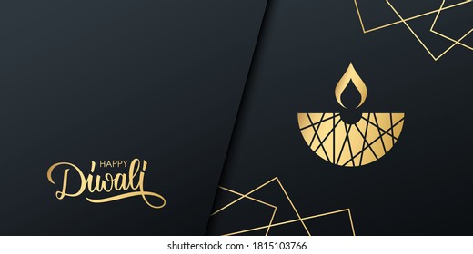 Diwali celebrate invitation with golden handwritten inscription Happy Diwali. India festival of lights holiday template with hand lettering and gold diya lamp. Vector illustration.