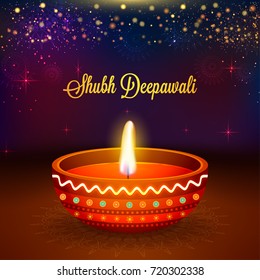 Diwali celebration 3D Realistic illuminated Oil Lamp on colourful sparkling background.
