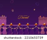 Diwali Celebration Background Decorated With Lit Oil Lamps (Diya), Lighting Garland, Sky Balloons And Buildings. 