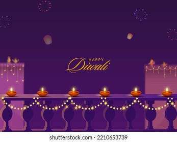 Diwali Celebration Background Decorated With Lit Oil Lamps (Diya), Lighting Garland, Sky Balloons And Buildings. 