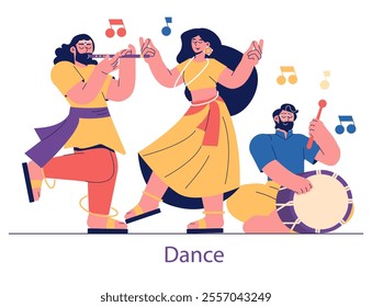 Diwali celebration concept. Cultural dance and music mark the festival of lights. Traditional Indian attire in jubilant performance. Vector illustration.