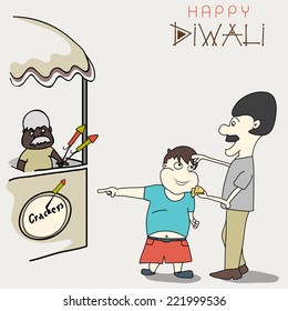 Diwali celebration concept with a cute little boy asking to his father for purchasing crackers on light grey background.