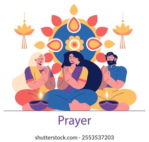 Diwali celebration concept. Family performing traditional prayers with festive design elements. Cultural devotion, bright decorations, and oil lamps. Vector illustration.